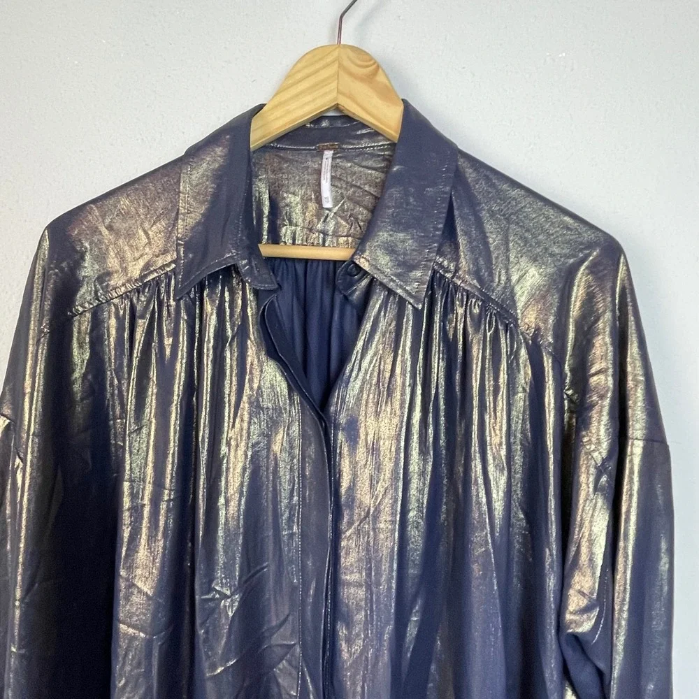 Free People Metallic Sheen Button Down Shirt Blouse‎ Navy Gold XS Oversized